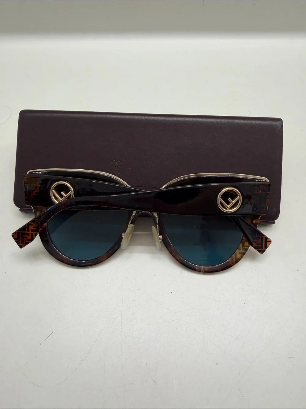 Fendi Tortoiseshell FF-Pattern Cat-Eye Sunglasses with Dark Blue Lenses
